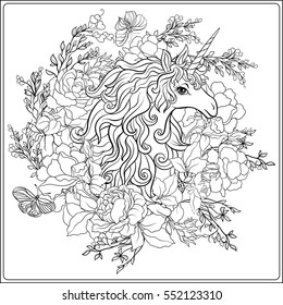 Unicorn. The composition consists of a unicorn surrounded by a bouquet of roses. Outline hand drawing coloring page for adult coloring book.
 Stock vector.