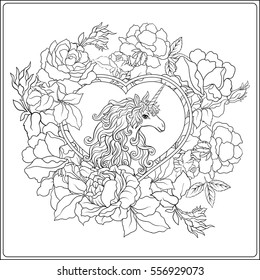 Unicorn. The composition consists of a unicorn surrounded by a bouquet of roses. Outline hand drawing coloring page for adult coloring book.
 Stock vector.