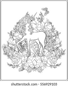 Unicorn. The composition consists of a unicorn surrounded by a bouquet of roses. Outline hand drawing coloring page for adult coloring book. Stock vector.