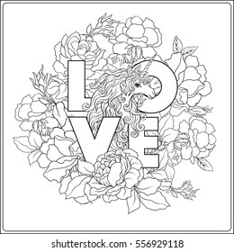 Unicorn. The composition consists of a unicorn surrounded by a bouquet of roses and word love. Outline hand drawing coloring page for adult coloring book.
 Stock vector.