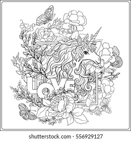 Unicorn. The composition consists of a unicorn surrounded by a bouquet of roses and word love. Outline hand drawing coloring page for adult coloring book.
 Stock vector.