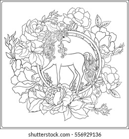 Unicorn. The composition consists of a unicorn surrounded by a bouquet of roses. Outline hand drawing coloring page for adult coloring book.
 Stock vector.