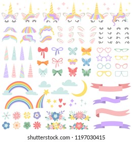 Unicorn constructor. Pony mane styling bundle, unicorns horn and party star glasses. Flowers, magic rainbow and head bows for fairy pony face hairstyle creating cartoon isolated vector icons set