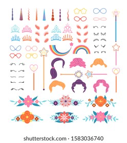 Unicorn constructor. Stylish pony details. Horns, mane and eyelashes, ears and crowns, glasses. Flowers and magic wand cartoon vector set