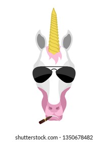 Unicorn Cool brutal serious avatar of emotions. Magic horse smoking cigar emoji. Fairy Beast strict. Vector illustration