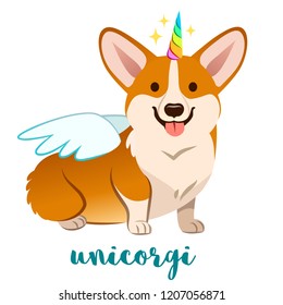 Unicorn corgi dog with horn and wings vector cartoon illustration. Cute funny corgi puppy smiling with tongue out, isolated on white. Humorous, magic, mythical creatures, believe in yourself.