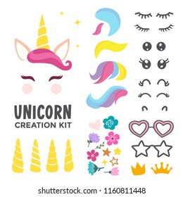 Unicorn creation kit of cute cartoon unicorn character vector illustration. Create your own unicorn face