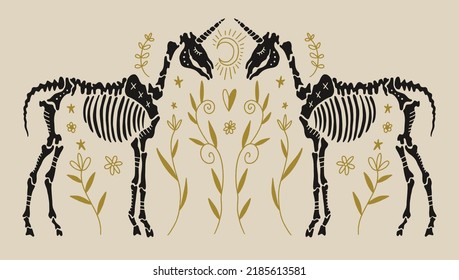 Unicorn creepy skeleton banner in dark boho style, bohemian skull vector clipart illustration. Ornate floral design. Gothic, macabric medieval horse head with horn. Great for Halloween party, t