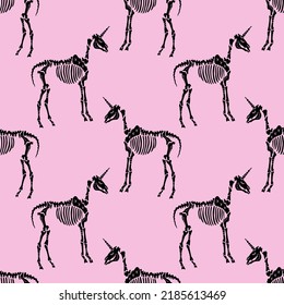 Unicorn creepy skeleton seamless pattern in dark boho style, bohemian skull vector repeat digital ornament. Great for party wrapping paper, cloth, T-shirt and more.