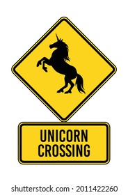 UNICORN CROSSING traffic sign. Humorous funny road traffic sign warning. Isolated on yellow background. Vector illustration. Editable EPS 10. Ideal for poster, wall art, postcard, apparel print.