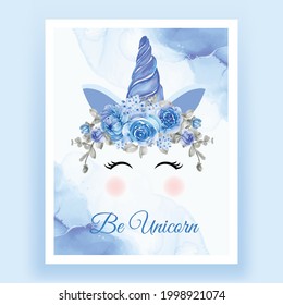 unicorn crown watercolor flower blue