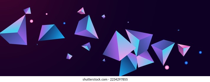 Unicorn Crystal Vector Panoramic Dark Violet Background. Holographic Trendy Triangle Flyer. Digital Business Tetrahedron Pattern. Gradient Pyramid Abstract Design.