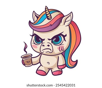 Unicornio con taza de café. Vector. Puede ser utilizado para la camiseta, la taza, el libro etc.