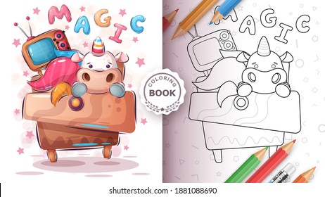 Unicorn in the cupboard - coloring page. Vector eps 10