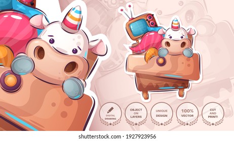 Unicorn in the cupboard - cute sticker. Vector eps 10