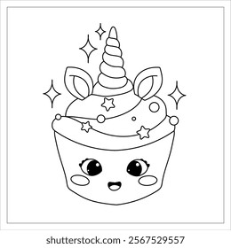 Unicorn cupcake coloring page. Cute line drawing for kids.