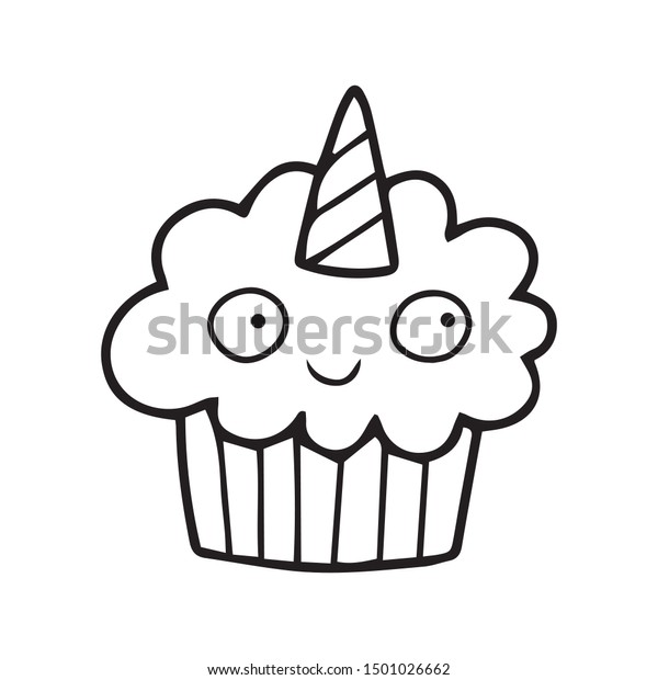 ユニコーンのカップケーキ 子どもや大人向けのカラーリングページイラスト 白黒の輪郭でのベクター画像描画 のベクター画像素材 ロイヤリティフリー 1501026662