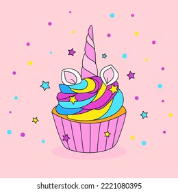 Unicorn cupcake design. Happy birthday card for a child. Festive girls banner design. Vector illustration