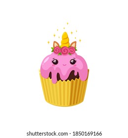 Unicorn cupcake with pink icing. Kawaii cake in paper cup. Tasty dessert with horn, eyes, flowers and ears. Vector illustration in cute cartoon style