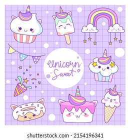 unicorn cupcake set fashion patch badges for sticker , postcard , invitation . vector illustration for kids