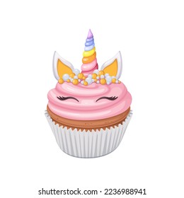 Unicorn cupcake vector illustration. Cartoon isolated cake decorated with cute rainbow horn and pink whipped cream, eyes and ears of unicorn magical character, cupcake in paper cup for kids birthday