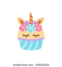Unicorn cupcake vector illustration isolated on white background. Great for greeting card, party invitation, sticker, patch, t-shirt design, poster.