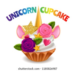 Unicorn Cupcake, Whipped Cream, Horn, Ears, Flowers with Leaves, Hearts, Stars, Isolated on White Background, Hand Drawn Vector Realistic 3D Illustration