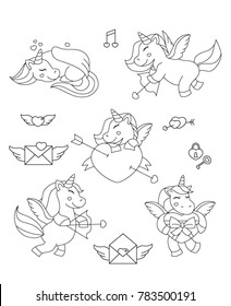 unicorn cupid black and white illustration