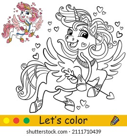 Unicorn Cupid with bow and arrow flying in the sky with a rainbow and hearts. Coloring book page with color template. Vector cartoon illustration. For kids coloring, card, print, design, decor.