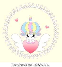 Unicorn cupid cartoon character isolated background for card, baby shower, Valentines day, wedding, Mother's Day ,  Father's Day.