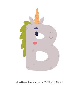 Unicorn Cute Alphabet Letter B with Smiling Face and Twisted Horn Vector Illustration