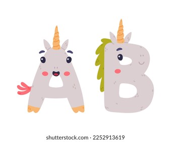 Unicorn Cute Alphabet Letter A and B with Smiling Face and Twisted Horn Vector Set