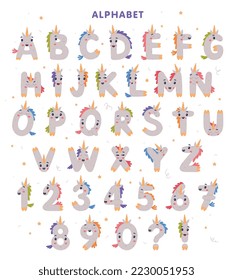 Unicorn Cute Alphabet Letter Characters and Numbers with Smiling Face and Horns Vector Set