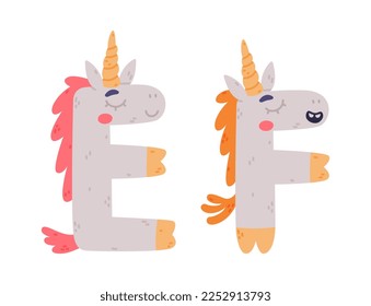 Unicorn Cute Alphabet Letter E and F with Smiling Face and Twisted Horn Vector Set