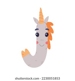 Unicorn Cute Alphabet Letter J with Smiling Face and Twisted Horn Vector Illustration