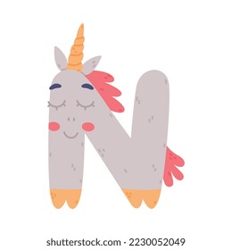 Unicorn Cute Alphabet Letter N with Smiling Face and Twisted Horn Vector Illustration