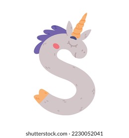 Unicorn Cute Alphabet Letter S with Smiling Face and Twisted Horn Vector Illustration