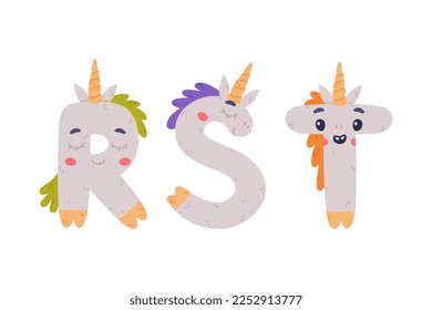 Unicorn Cute Alphabet Letter with Smiling Face and Twisted Horn Vector Set