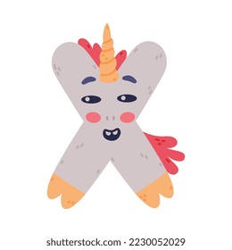 Unicorn Cute Alphabet Letter X with Smiling Face and Twisted Horn Vector Illustration