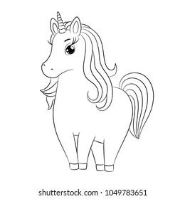 Unicorn cute animal, line art cartoon character, isolated on white background. Nice lovely little pony horse, drawing for girlish design, girl kids print, coloring book, birthday card, poster, etc.