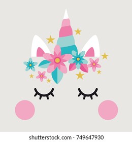 Unicorn cute cake decoration with elements pink and aqua / paper props / fantasy animal, stars, flowers, cute 