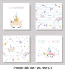 Juego de tarjetas tiernas unicornio y patrones sin fisuras.