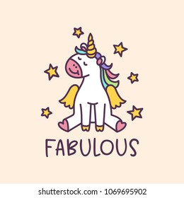 Unicorn cute cartoon drawing with short wording fabulous. Colorful childish design element for textile design, kids clothes, prints, posters, decoration. Hand drawn vector illustration.