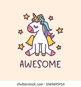 Unicorn cute cartoon drawing with short wording awesome. Colorful childish design element for textile design, kids clothes, prints, posters, decoration. Hand drawn vector illustration.