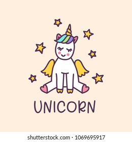 Unicorn cute cartoon drawing with short wording. Colorful childish design element for textile design, kids clothes, prints, posters, decoration. Hand drawn vector illustration.