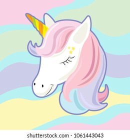 Unicorn cute cartoon in flat style for clothes or as logotype, badge, icon, card, poster, t-shirt, invitation, banner template. Vector illustration. Girl, woman fashion banner, print, design.  