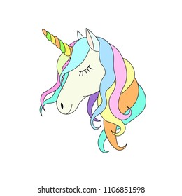 Unicorn cute cartoon in flat style for clothes or as logotype, badge, icon, card, poster, invitation, banner template. Vector illustration. Girl, woman fashion banner, print, design.  
