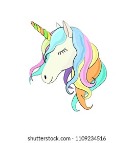 Unicorn cute cartoon in flat style for clothes or as logotype, badge, icon, card, poster, tattoo,  invitation, banner template. Vector illustration. Girl, woman fashion banner, print, design.  