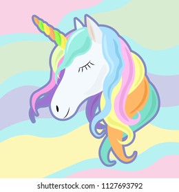 Unicorn cute cartoon in flat style for clothes or as logotype, badge, icon, card, poster, tattoo,  invitation, banner template. Vector illustration. Girl, woman fashion banner, print, design.  