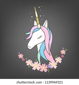 Unicorn cute cartoon in flat style for clothes or as logotype, badge, icon, card, poster, tattoo,  invitation, banner template. Vector illustration. Girl, woman fashion banner, print, design.  